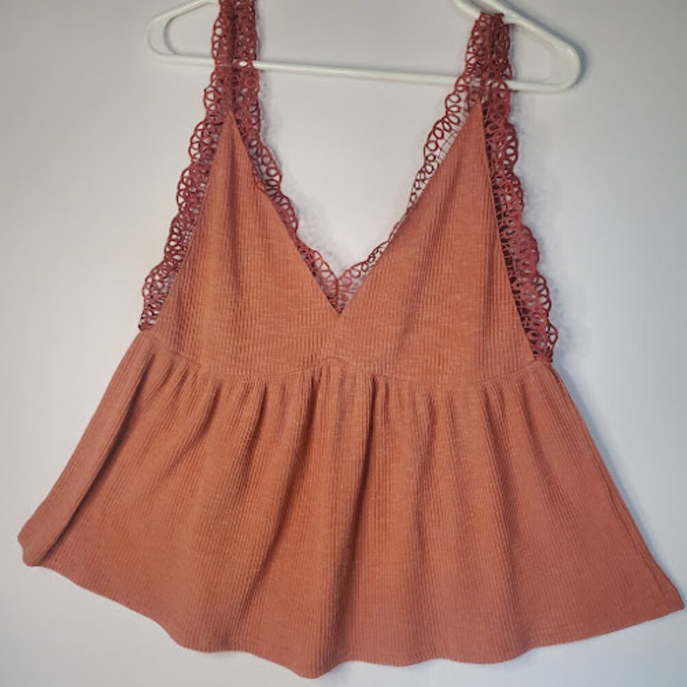 Umgee Lace-trimmed Tank Top, Women's Size L, Peplum Deep V-neck, Terracota